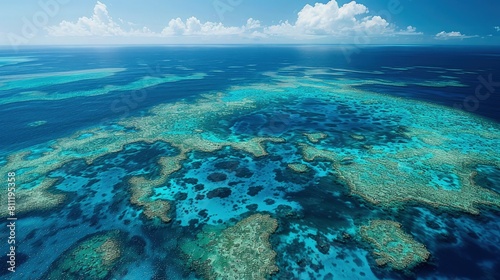 Aerial views of the sea filled with coral reefs and clear blue water