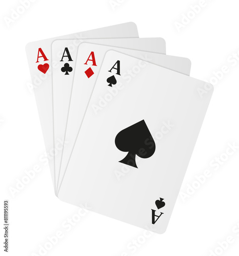 A fan of 4 playing cards. Ace of Spades, Hearts, Diamonds and Clubs.
