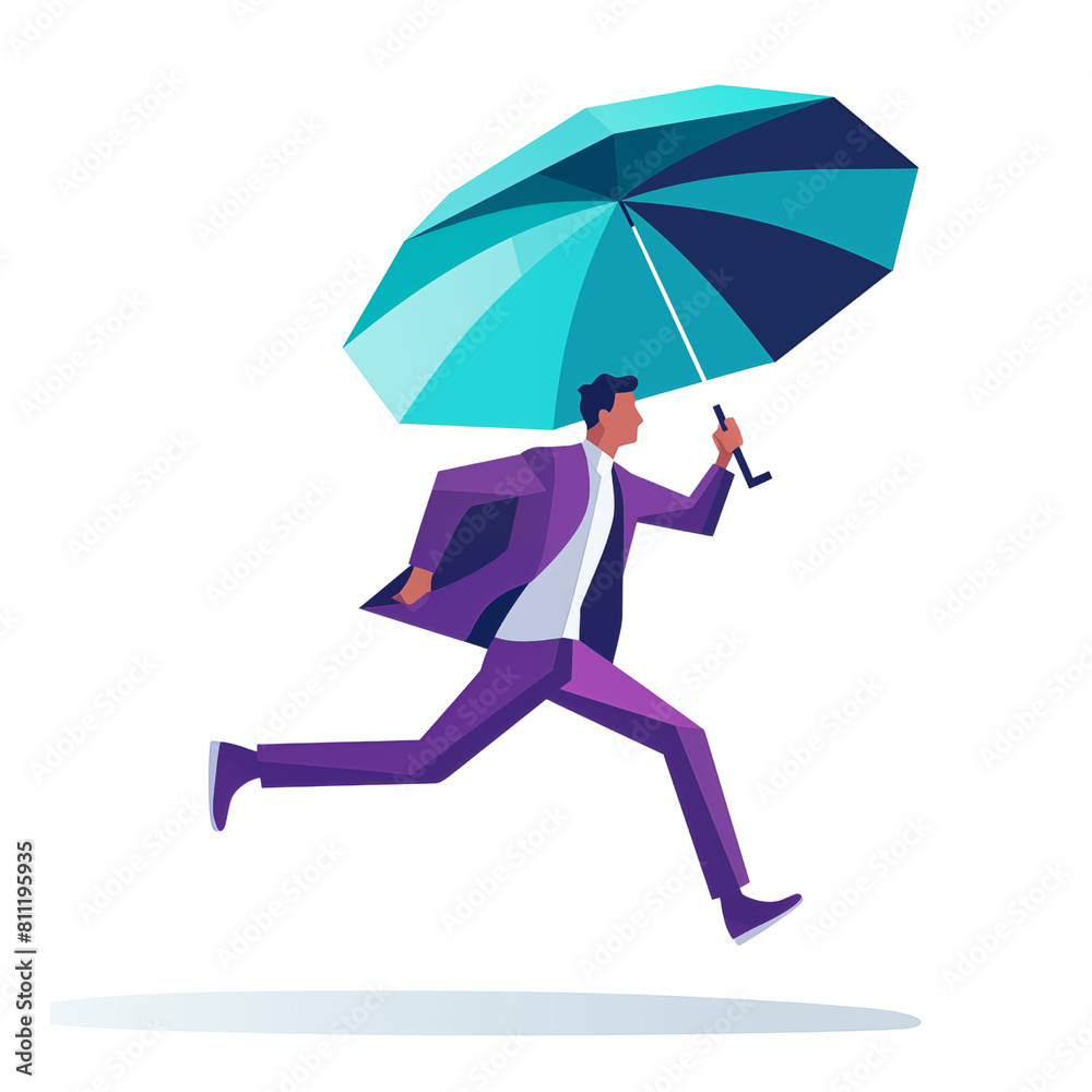Businessman wearing purple pent coat white shirt with strong purple umbrella running safe protection safety illustration concept isolated transparent background Businessman wearing purple pent coat white shirt with strong purple umbrella running safe protection safety illustration concept isolated transparent background