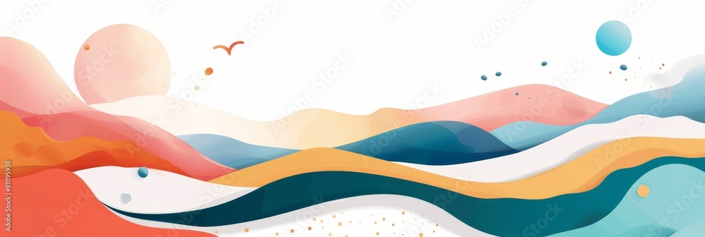 A colorful, abstract painting of a mountain range with a blue and white wave in the middle. The sky is filled with a variety of colors, including pink, orange, and blue A colorful, abstract painting of a mountain range with a blue and white wave in the middle. The sky is filled with a variety of colors, including pink, orange, and blue