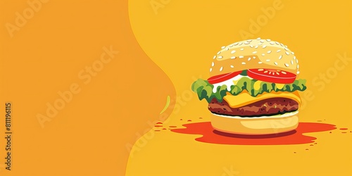 A cartoon of a hamburger with lettuce and tomato on top. The hamburger is on a yellow background