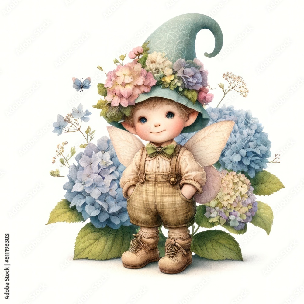 Fototapeta premium Gnome hydrangea fairy watercolor