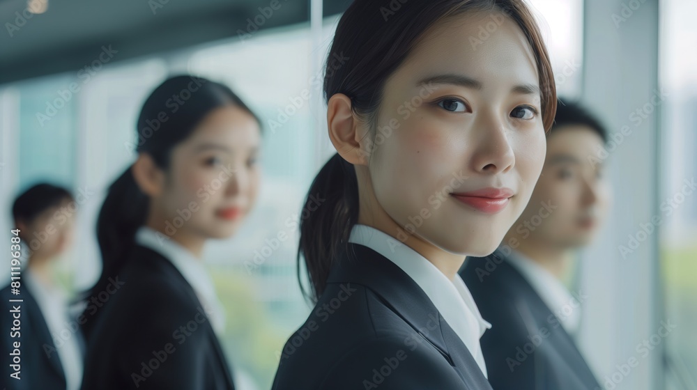 four business people standing in office, looking at camera four business people standing in office, looking at camera