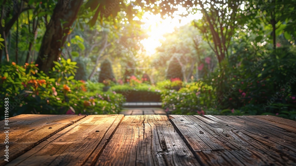 wood table nestled in a blur green tree garden