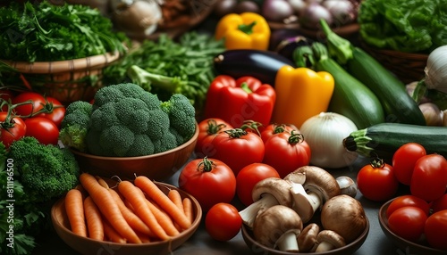 A colorful and appetizing display of various fruits  vegetables  and other food items on a dining table.