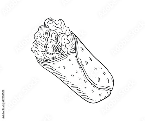 Doner Kebab in a Wrap, wrapped fast food gyros, drawn by hand