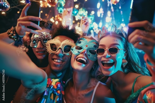 Festive group of partygoers in costume, smiling and posing for a group selfie using their cell phones, A festive group of partygoers dressed in costume, posing for a selfie at a masquerade ball photo