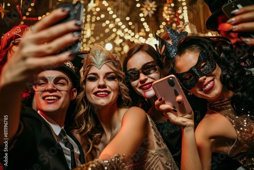 Group of People Taking Pictures With Cell Phones, A festive group of partygoers dressed in costume, posing for a selfie at a masquerade ball photo