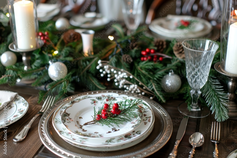Festive table adorned with silverware, candles, and holly for a stylish Christmas celebration, A festive table setting with candles, holly, and elegant silverware