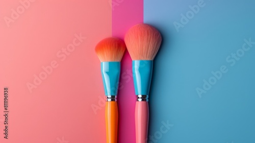 A set of colorful makeup brushes neatly arranged on a vibrant pastel striped background, showcasing creative beauty tools.