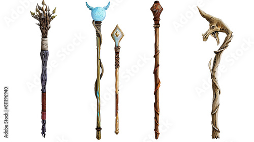 Wizards' staffs depicted in four different, isolated on transparent background