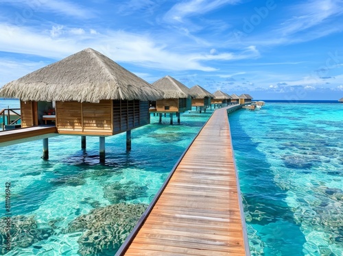 Maldives, wooden overwater on wood pained in dark brown color with white details and thatched roof, long pier leading to the deck of one house. clear blue water with tropical fish and sea plants