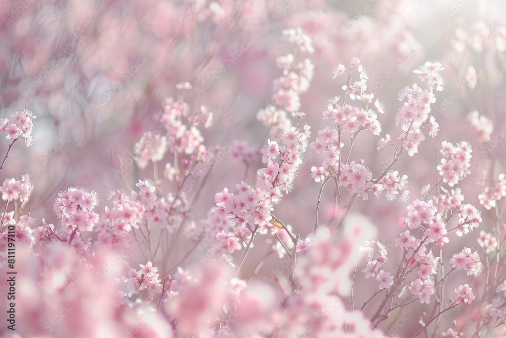 A cluster of pink flowers blooming in green grass during spring, A field of blooming cherry blossoms in the springtime