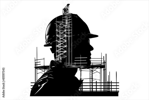 Construction safety helmet and construction working man silhouette bundle