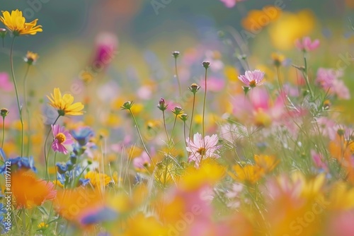 Lively wildflowers covering a field with a blurred background  A field of vibrant wildflowers swaying in the breeze