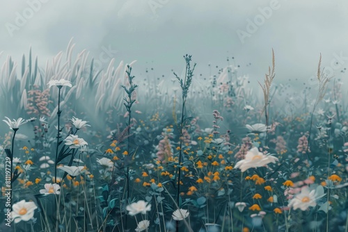 A field filled with white and yellow flowers swaying in the breeze, A field of wildflowers swaying in the gentle breeze