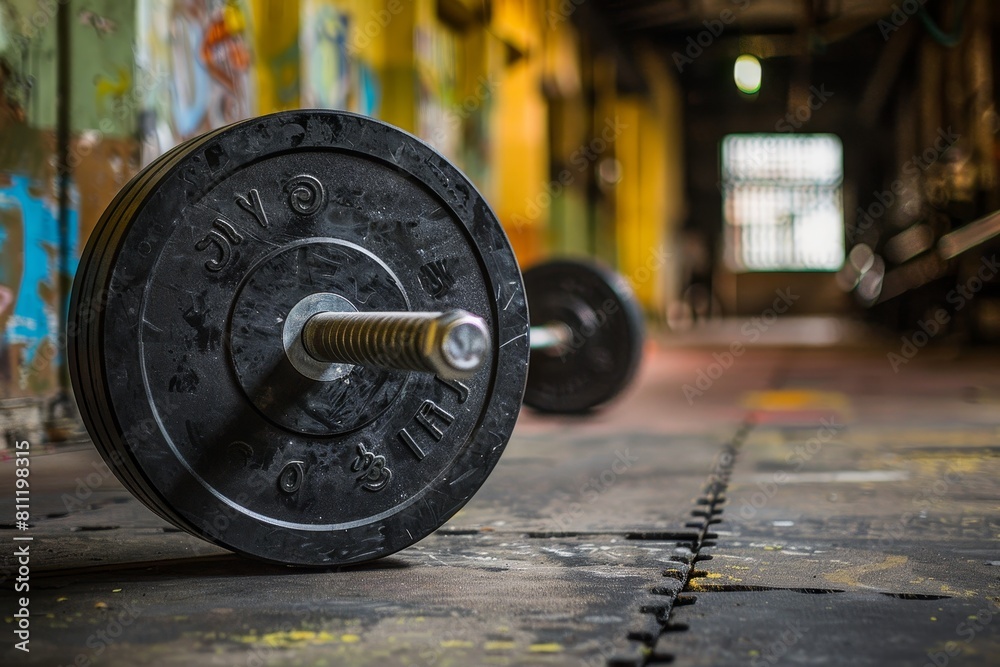 Obraz premium A detailed view of a barbell inside a well-equipped gym, highlighting its design and texture, A fitness accessory that is commonly used in weightlifting and CrossFit workouts