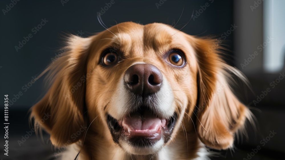 A dog with a big smile on its face. The dog's eyes are wide open and it looks very happy. Amazed dog with Wide-open eyes, broad smile