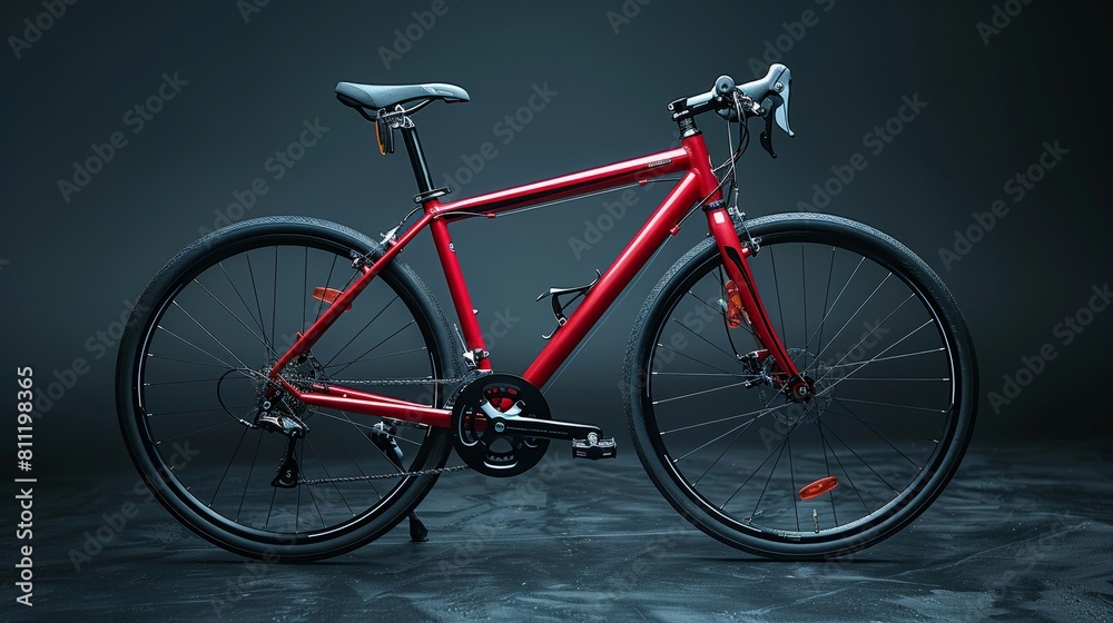 A red bicycle stands alone on the dark background