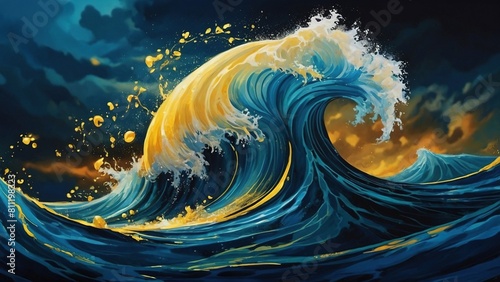 background with waves, Ocean waves painted in a mystical fairy tale with a striking blue color.
