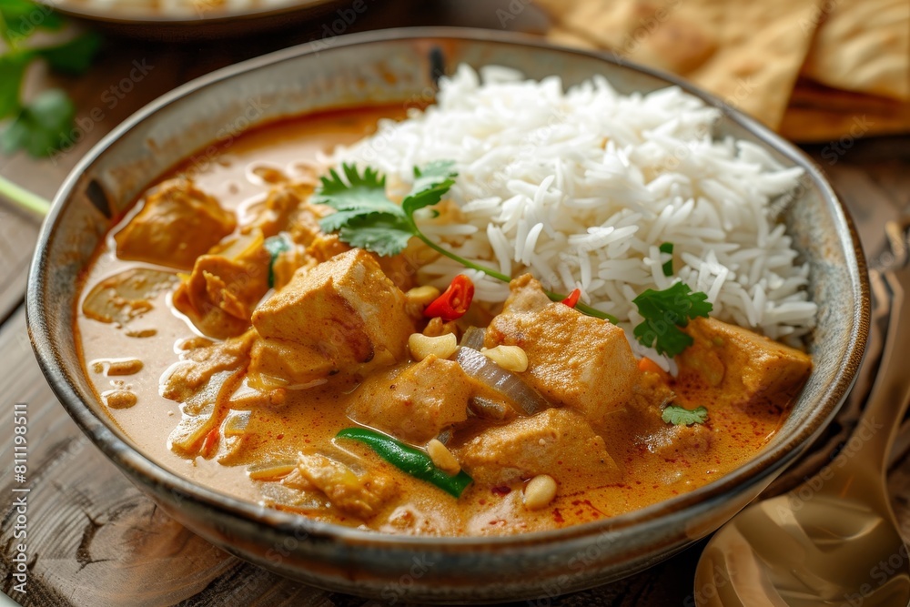 Bowl of Rice and Meat, A flavorful plate of massaman curry served with a side of fluffy jasmine rice and crunchy papadum Bowl of Rice and Meat, A flavorful plate of massaman curry served with a side of fluffy jasmine rice and crunchy papadum