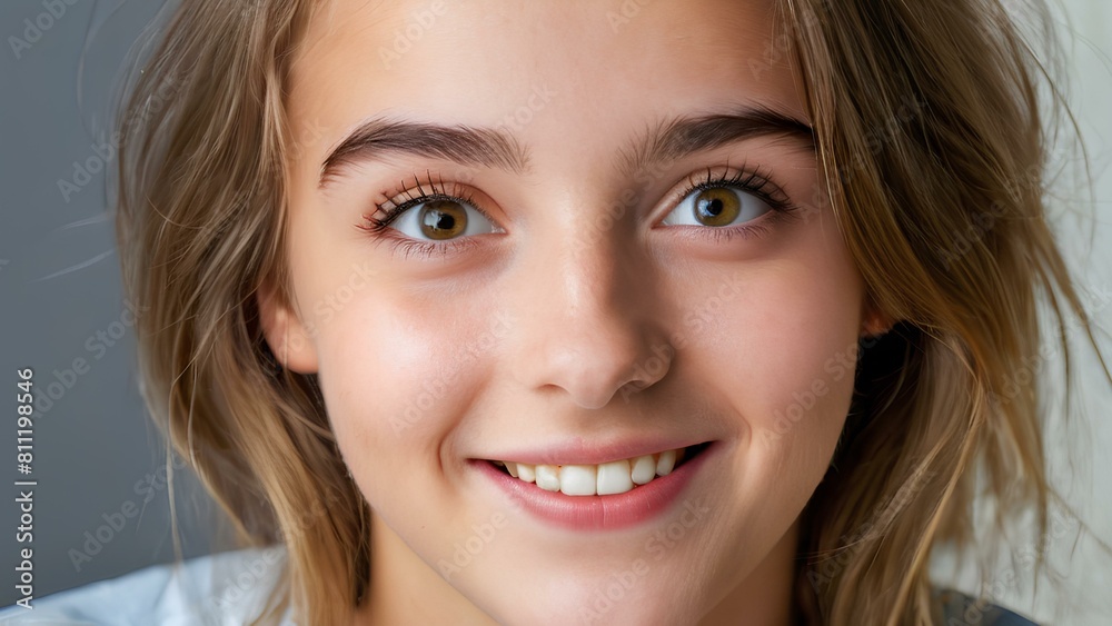 Close up of pretty a young woman with green eyes and a blue hoodie is smiling. Close up of pretty a young woman with green eyes and a blue hoodie is smiling.