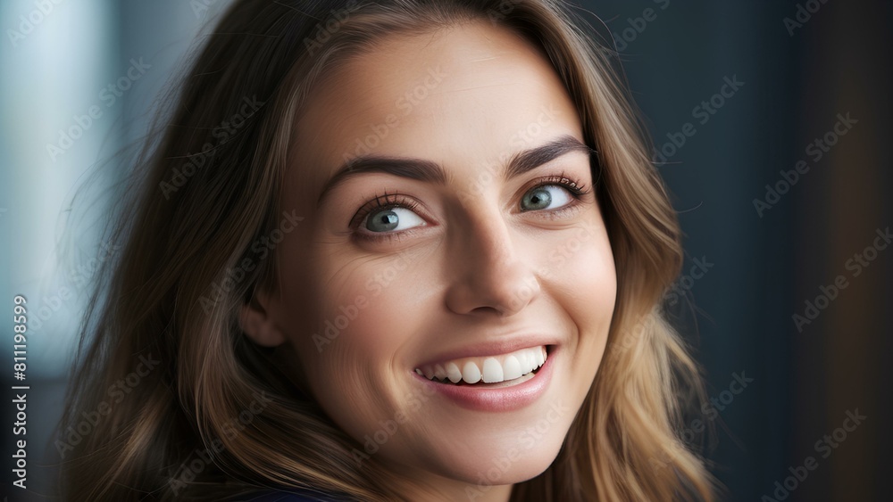 Amazed woman with Wide-open eyes, broad smile. A woman with long brown hair and green eyes is smiling. She has her mouth open and is wearing a black shirt Amazed woman with Wide-open eyes, broad smile. A woman with long brown hair and green eyes is smiling. She has her mouth open and is wearing a black shirt