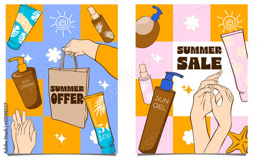 set of summer sale posters for body care cosmetics