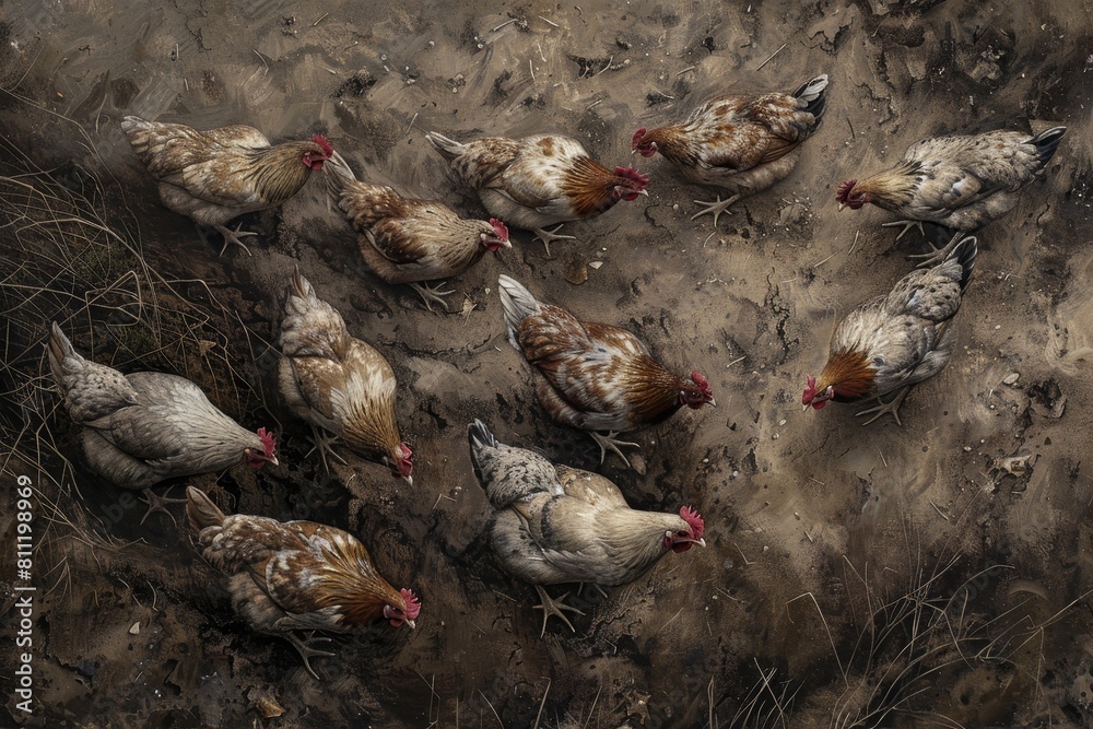 Obraz premium A flock of chickens standing on a dirt field, pecking at the ground for food, A flock of chickens pecking at the ground for food