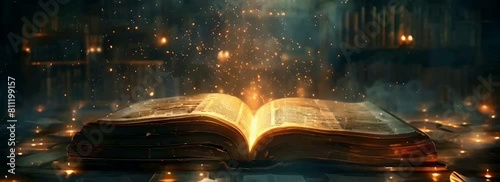 A book floating in an ethereal library pages filled with ancient knowledge and future predictions, fantasy and magic photo