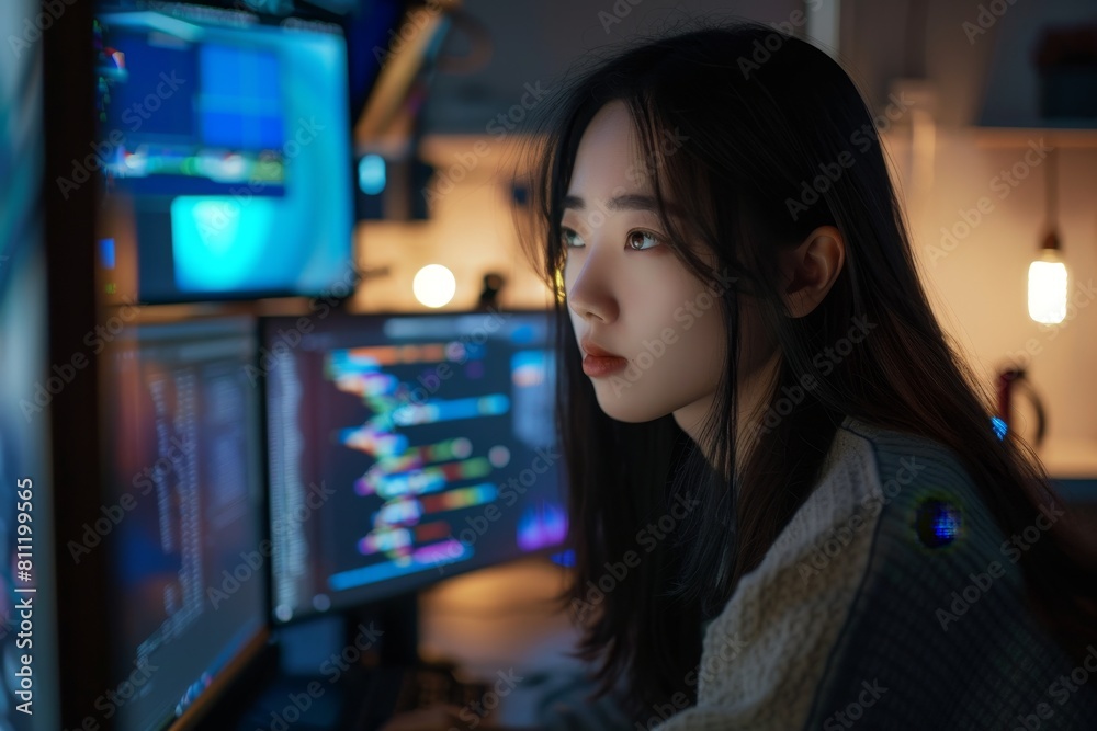 A focused Asian woman sitting in front of a computer screen, debugging software, A focused Asian woman developer debugging software on a dual monitor setup A focused Asian woman sitting in front of a computer screen, debugging software, A focused Asian woman developer debugging software on a dual monitor setup