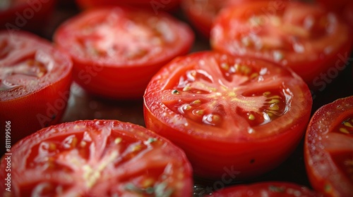   A close-up of several halved tomatoes stacked on top of one another © Anna
