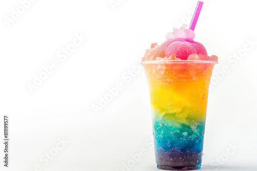 Colorful slushie with straw in plastic cup isolated on white background