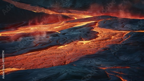 a volcanic landscape with lava texture background. The scene depicts molten lava flowing across rugged terrain, emitting a fiery glow and intense heat