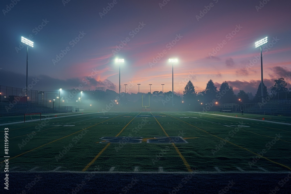 A football field illuminated by bright stadium lights during the night, creating a vibrant playing environment, A football field bathed in the glow of stadium lights A football field illuminated by bright stadium lights during the night, creating a vibrant playing environment, A football field bathed in the glow of stadium lights