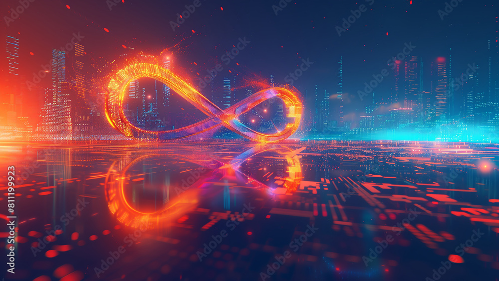 A radiant infinity symbol amidst a retro futuristic ambiance A radiant infinity symbol amidst a retro futuristic ambiance