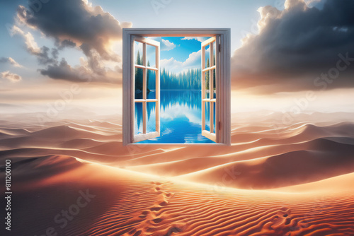 Open window to the new landscape world, green nature environment against desert background. Earth climate balance problem, ecology crisis, decision
