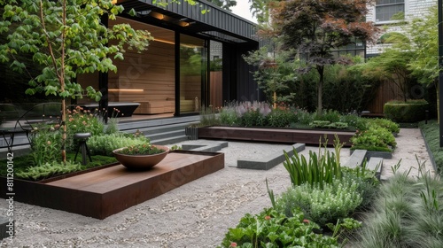 A minimalist garden with geometric planters, sculptural elements, and a gravel pathway, offering a serene retreat in nature. © Plaifah