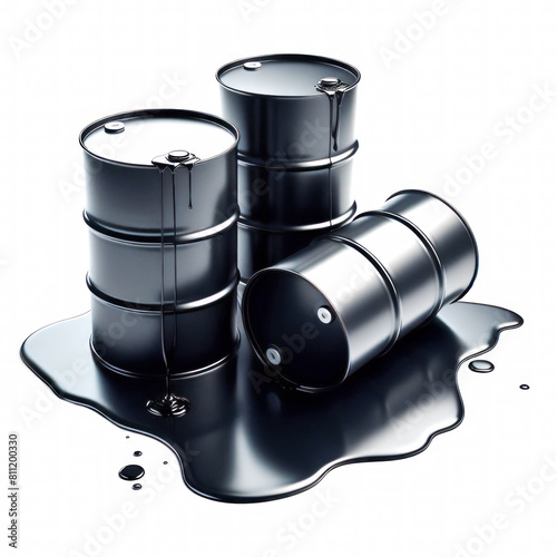 Black barrels on spilled puddle of crude oil. Crude oil concept on white background