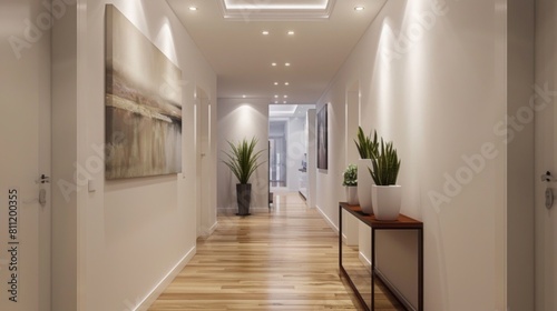 A minimalist hallway with a gallery wall, a console table, and recessed lighting, showcasing curated artwork and decor.