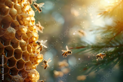 A closeup of bees flying around the edge of a beehive. World Bee Day concept. © People