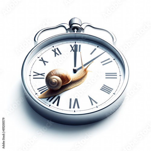 Small snail on a clock. A metaphor for leisurely customer service on a white background. Time goes by very slowly