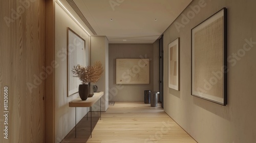 A minimalist hallway with a gallery wall  a console table  and recessed lighting  showcasing curated artwork and decor.