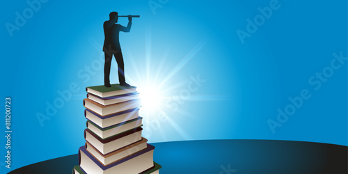 Concept de la réussite basé sur la connaissance, avec le symbole d’un homme debout sur une pile de livres, qui regarde l’horizon au travers d’une longue vue.