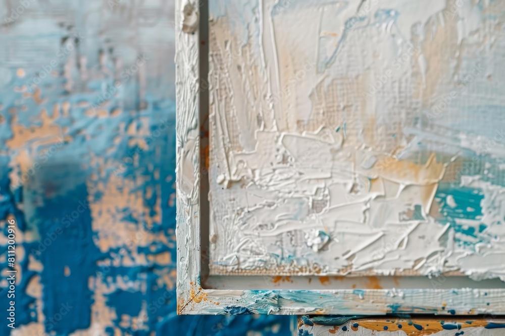 Naklejka premium Detailed close up of a colorful and textured painting hanging on a wall, A frame with layers of textured brushstrokes