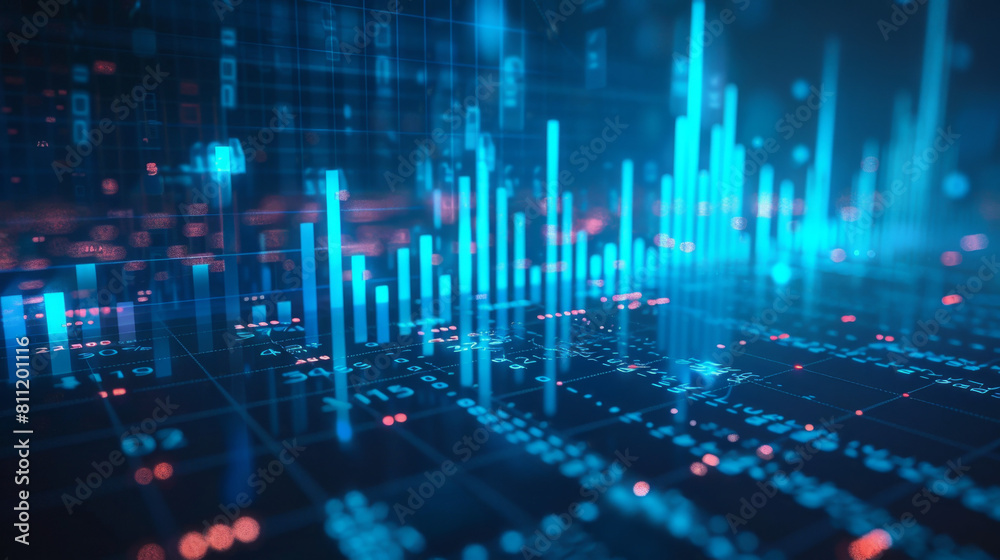digital blue graph and bar chart of stock market business growth, financial data or Intricate stock market candlestick trading with glowing light effect on dark background digital blue graph and bar chart of stock market business growth, financial data or Intricate stock market candlestick trading with glowing light effect on dark background