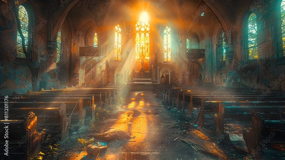 Sunlit Sanctuary:Ethereal Gothic Cathedral Interior Bathed in Divine Light