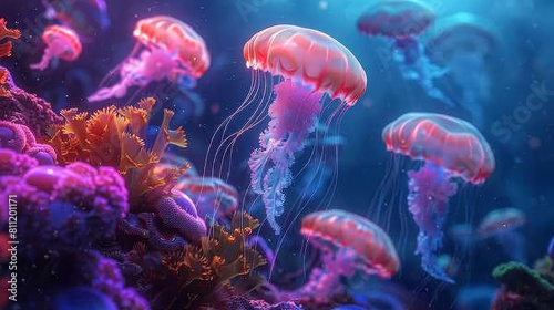 Wallpaper Mural Glowing jellyfish in the dark ocean depths. Torontodigital.ca