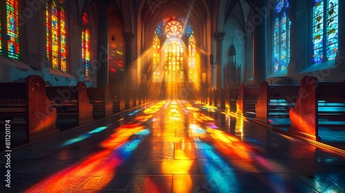 Radiant Beams of Light Illuminating the Splendor of a Historic Cathedral's Interior © JITTAPON