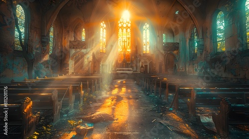 Sunlit Sanctuary Ethereal Gothic Cathedral Interior Bathed in Divine Light